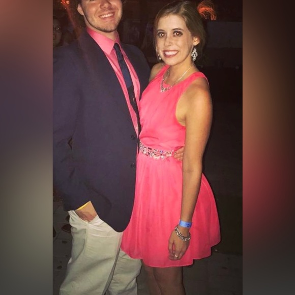 B Darlin Salmon Pink Backless Cocktail Dress with Sequin Belt - Picture 3 of 5